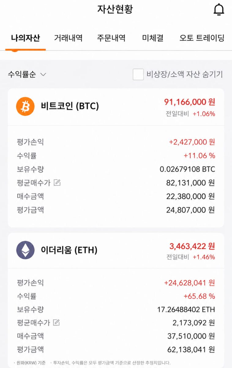 비트코인·이더리움 보유 자산 평가손익 현황